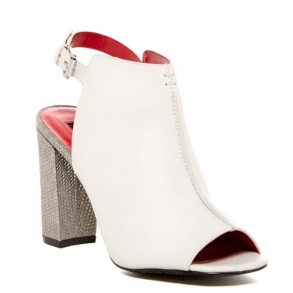 NIB Off Duty Bone Peep Toe Silver Block Heel Mule - Picture 6 of 7